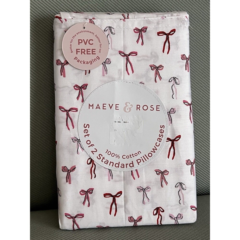 Maeve & Rose Standard Pillowcases Pair (2) Cotton White Pink Bows New